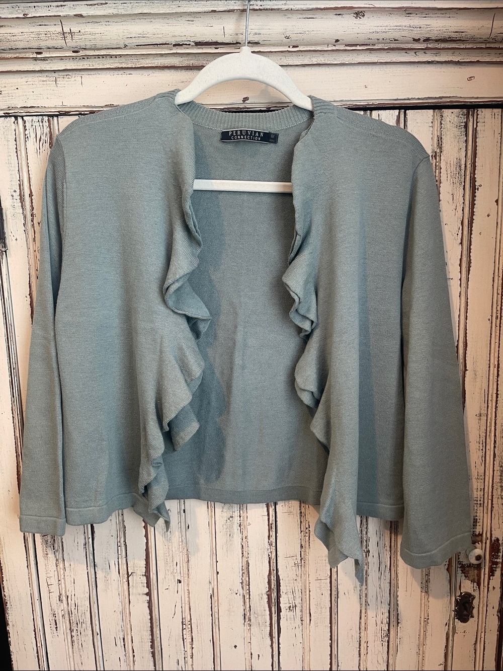 Peruvian Connection Soft Seafoam Ruffle Open Cardigan